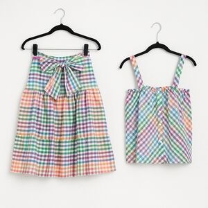 J.Crew Matching Set Button-Front Tank Top Tie-Front Midi Skirt Rainbow Gingham 6